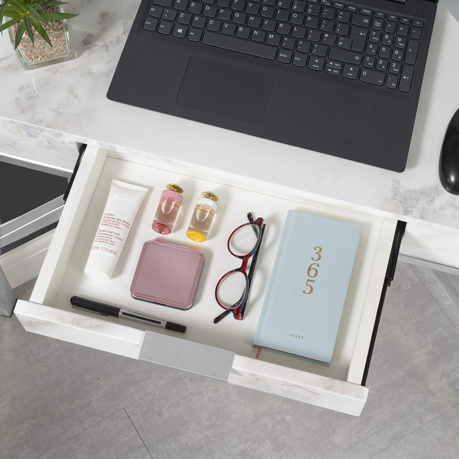 Read more about White faux marble corner desk with drawer roxy